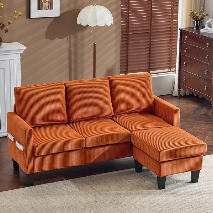 Karl home Small Sectional Couch L Shaped Sofa with Movable Storage Ottoman Corduroy Upholostered Sofa Chaise with Side Pockets for Living Room, Apartment, Studio, Orange