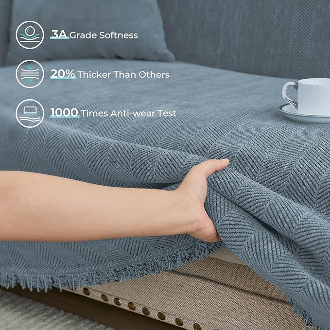Sectional Couch Covers 2 Pieces, Chenille L Shaped Couch Cover Blanket for Sectional Sofa with Herringbone Pattern Washable Sofa Slipcovers (X-Large: 71" x 110" + 71" x 118", Blue)