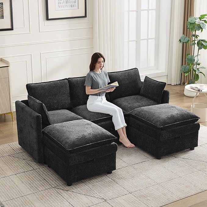 80" Cloud Modular 3 Seater Sofa with 2 Storage Ottoman, Modern Upholstered Storage Sofa Couch Deep Seat, U Shape Sectional Sofa Chenille Comfy Couch with Armrests for Living Room, Small Space, Black | Modular Sofa, Storage Ottoman, Upholstered Sofa, Se...
