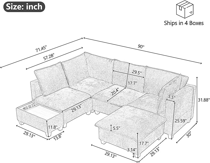 Harper & Bright Designs 90" U-Shaped Sectional Sofa Modular Sofa Couch with a Movable Ottoman, a Coffee Table with Hidden Charging Devices for Living Room, White