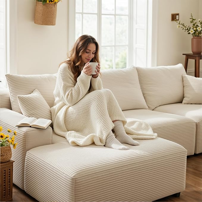97" L-Shaped Cloud Corduroy Sofa with Left Chaise, Modular Sectional Couch, Flexible Combination Couches for Living Room, Bedroom, No Assembly Required (White)