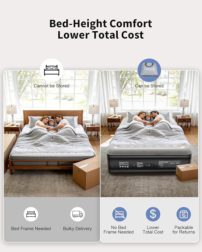 OhGeni Cal King Air Mattress with Built in Pump, 18" Tall Inflatable Blow Up Bed, Luxury Comfort for People(190CM Height), Keep Feet from Dangling, Colchon inflables, Ideal Alternative to a Bed
