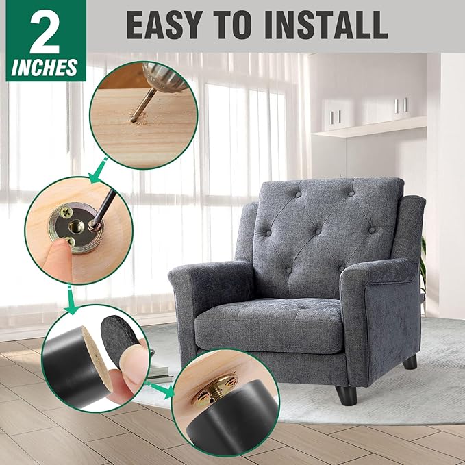 FoDau770 Black Rubber Wood Furniture Legs 2 Inches, Slant Tapered Wood Feet Mid Century Sofa Legs Set of 4, 5/16" UNC Furniture Feet Replacement Parts for Cabinet Couch Dresser Chair Ottoman Table
