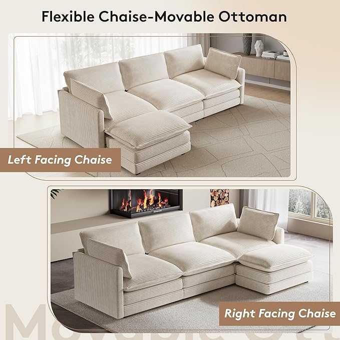 ROWHY 104'' Modular Sectional Cloud Couch with Movable Ottoman, 4 Seat Modern Corduroy Sofa, Deep Seat L Shaped Couch for Living Room Bedroom Apartment, Beige | Premium Corduroy, Washable Covers, Arrange Freedom, Sturdy Frame, Movable Ottoman, Deep Seat