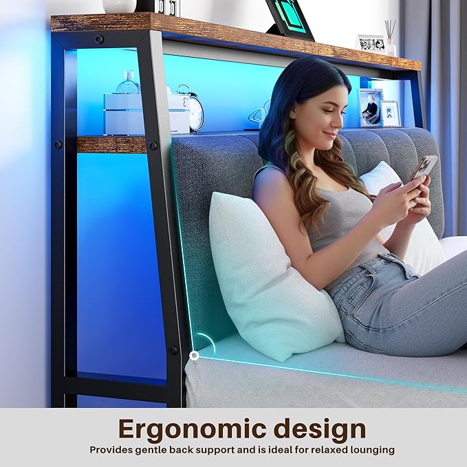 Homkdom Full Size Bed Frame with Charging Station and LED Lights, Grey Upholstered Headboard with 2-Tier Storage Shelves,12" Under-Bed Storage, No Sliding,Noise-Free,Easy Assembly,Vintage Brown