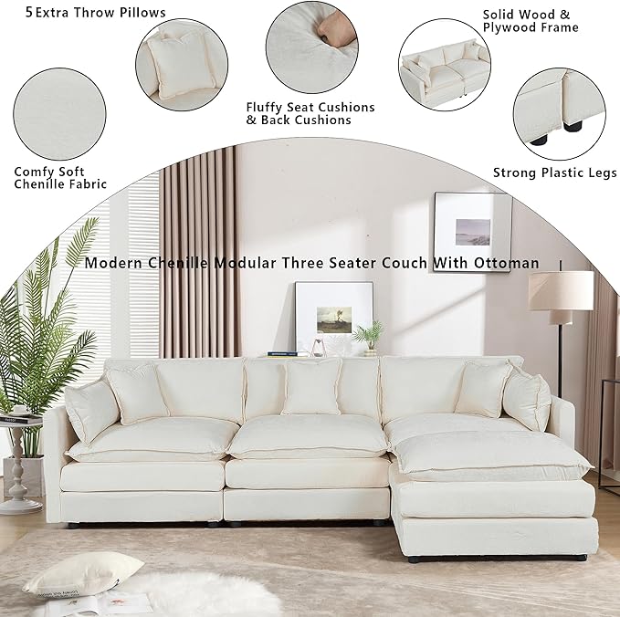 Setawix Deep 3 Seater Couch with Ottoman,112.2" L-Shaped Cloud Couches for Living Room,Chenille Cloud Sofa Couch with Deep Seat,Modular Sectional L Shape 3 Seat Sofa for Bedroom (Beige, 3+1)
