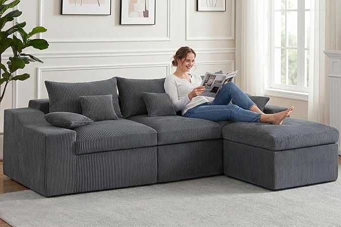 HABUTWAY 104" L Shaped Cloud Sectional Couch, Boneless Modular Sectional Sofa with Deep Seat, Corduroy Couches for Living Room, Modular Couch, No Assembly Required (Grey)