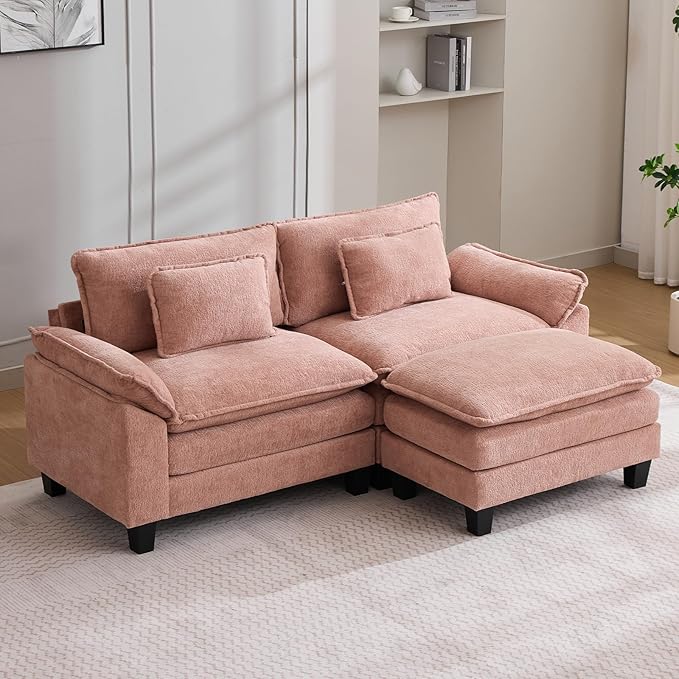 86" Modular Sectional Sofa, Comfy Cloud Couch Sectional Sofa with Ottoman, Chenille Sofa Sleeper Deep Seat Sofa with Throw Pillows for Living Room (Pink, 86"- L Shape)