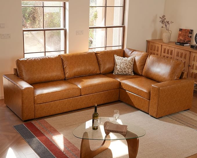 ELUCHANG 113" V-Shaped Modular Sectional Sofa Couch, Modern 4-Seat Premium Faux Leather Deep Seat Sofa with Corner, Removable Cover, Easy Assembly, Large Sofas & Couches for Living Room, Office, Brown | Spring Cushions, Easy to Clean