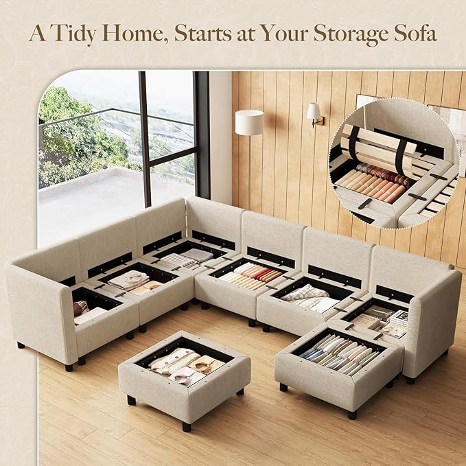 Belffin 107.1" 8 Seats U Shaped Couch Modular Sectional Sofa Seat Couch with Storage Comfy Washable Sectional Couches for Living Room Sofas Set with Chaise,Beige