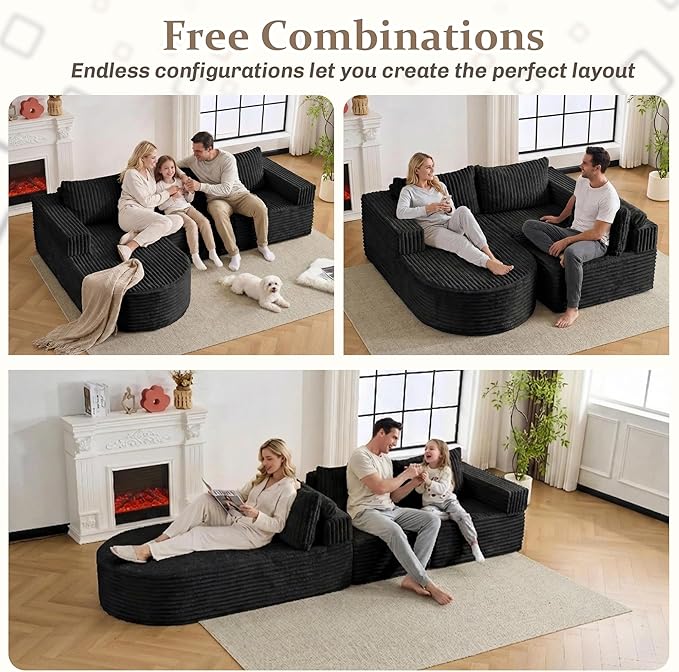 103”Boneless Couches for Living Room, L-Shaped Modular Sectional Sofa with Chaise, Modern Corduroy Cloud Couch with Deep Seat, Comfy Sponge Compression Convertible Sofas