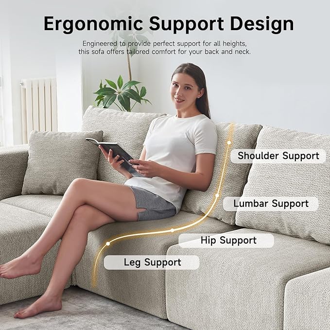 CUGOAO 152'' Modern Boneless Couch, Oversized 2-in-1 Modular Sectional Sofa Bed, Extra Deep Seat Upholstery Cloud Couch, Boneless Couches for Living Room, No Assembly Required, Beige Chenille