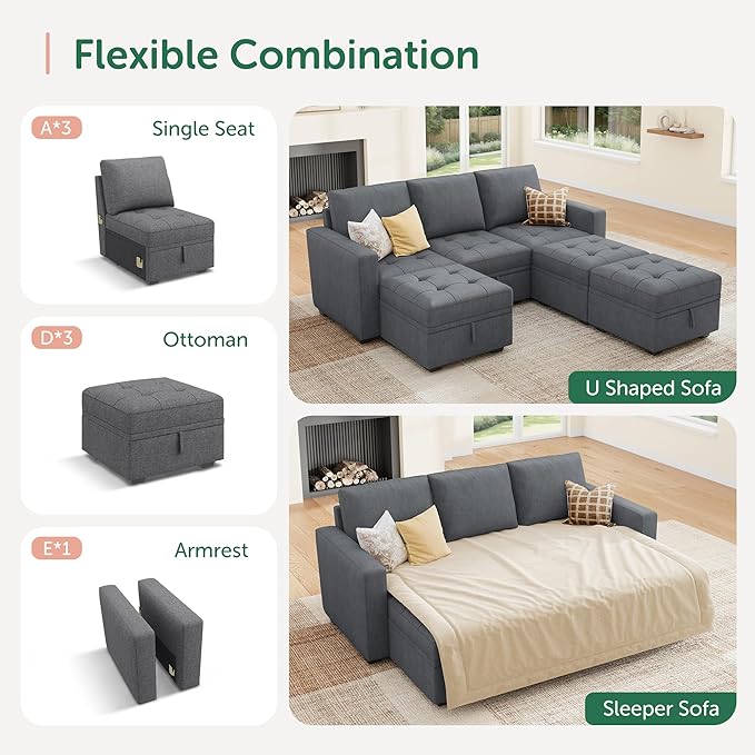 HONBAY Modular Sectional Couch Sleeper Sofa Bed with Storage Seats Oversized Sectional Couches for Living Room,Bluish Grey
