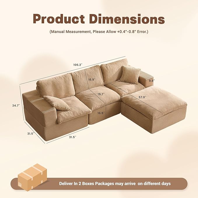 106.3” Sectional Couches for Living Room, Set of Cloud Couch, Modular Sectional Sofa, Convertible Sofas Bed, Deep Seat Sofa, L Shaped Cozy Sofa Furniture Set, Corduroy, Camel