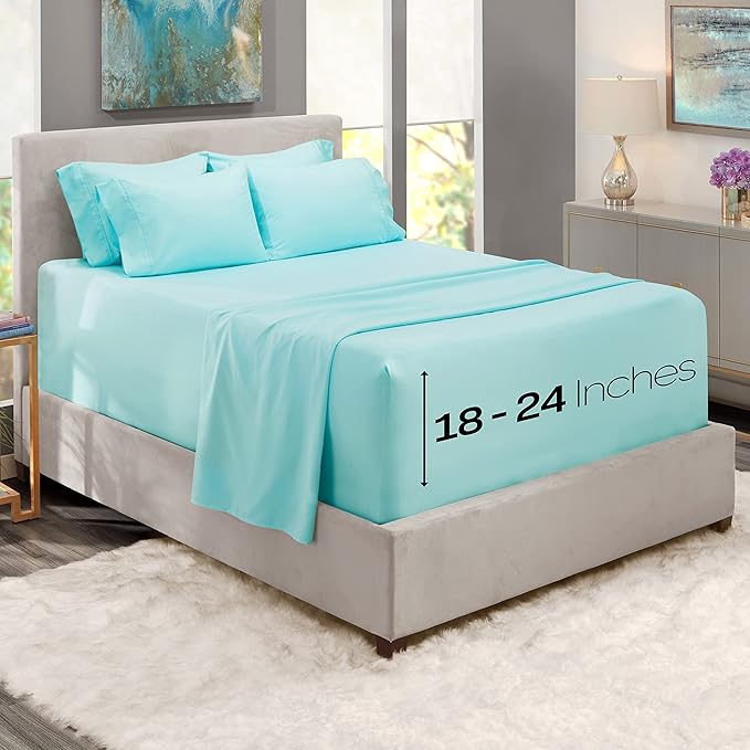 Hearth & Harbor Extra Deep Pocket Sheets - Fits Mattress 18-24 Inches Deep - Extra Deep Pocket Twin XL Sheets Sets - 4 Piece Twin XL Size - Aqua Blue