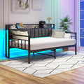 BOFENG Metal Daybed Frame Twin Size Platform Daybed with Charging Station,LED Lights,Metal Sofa Bed Frame for Living Room,Bedroom,Guest Room,Heavy Duty Metal Slats,Noise Free,Black