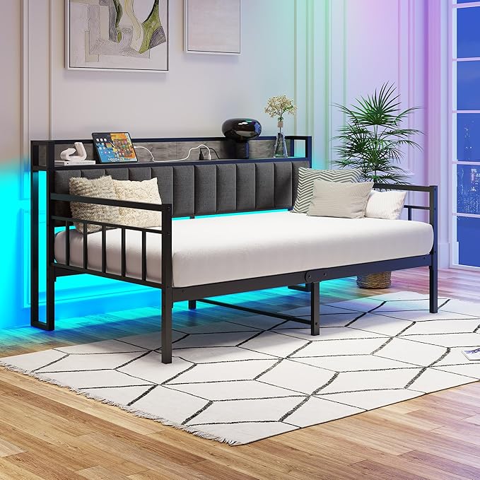 BOFENG Metal Daybed Frame Twin Size Platform Daybed with Charging Station,LED Lights,Metal Sofa Bed Frame for Living Room,Bedroom,Guest Room,Heavy Duty Metal Slats,Noise Free,Black