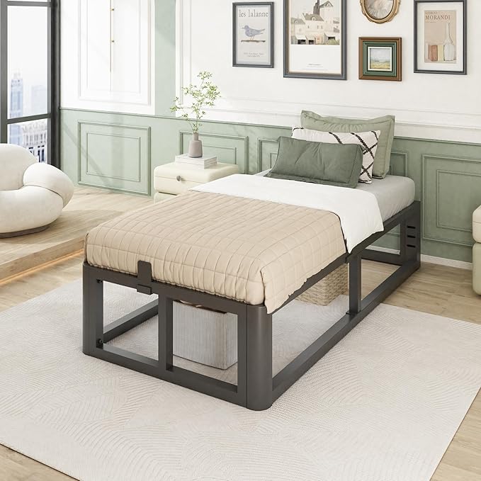 Firpeesy Metal Heavy Duty 14 inch Twin Bed Frame with Rounded Corner and Headboard Hole Mattress Retainers 3500 LBS No Box Spring Needed Platform Noise Free Easy Assembly