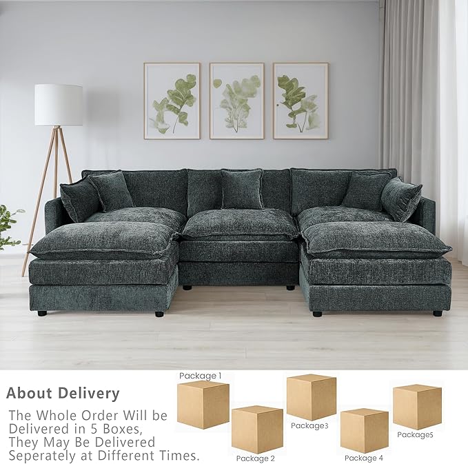 Setawix Deep 3 Seater Couch with Ottomans,112.2" U-Shaped Cloud Couches for Living Room,Chenille Cloud Sofa Couch with Deep Seat,Modular Sectional U Shape 3 Seat Sofa for Bedroom (Grey, 3+2)