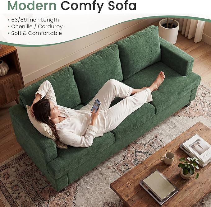 YOUDENOVA 2 Piece Set Comfy Sofa Couch, 3 Seater & Loveseat Sofa with Deep Seats, Modern Sleeper Couch for Living Room, Green Chenille