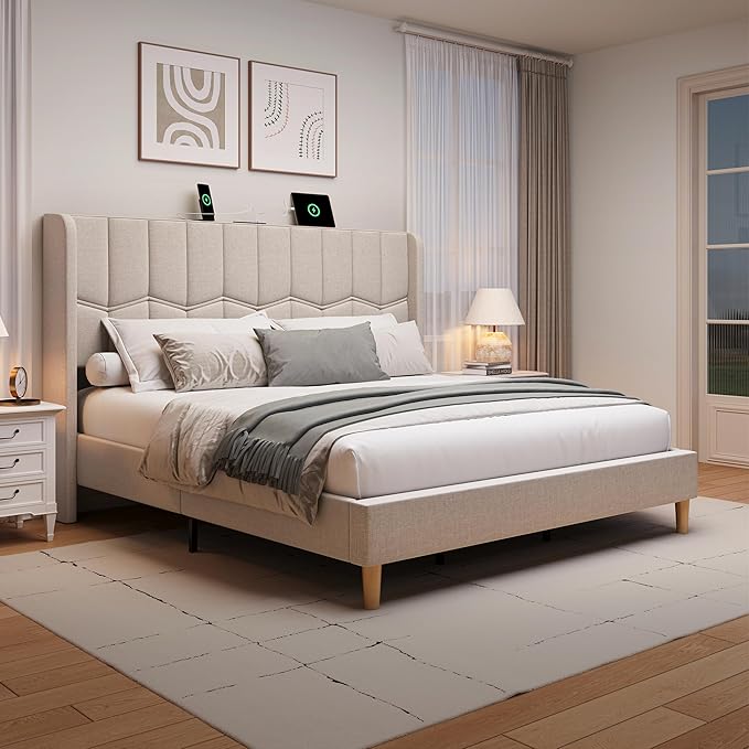 BRELTAM King Upholstered Platform Bed Frame with Linen Headboard & Wing Side, Built-in Charging Station, Wooden Slat Support, Mattress Foundation, No Box Spring Needed, Beige