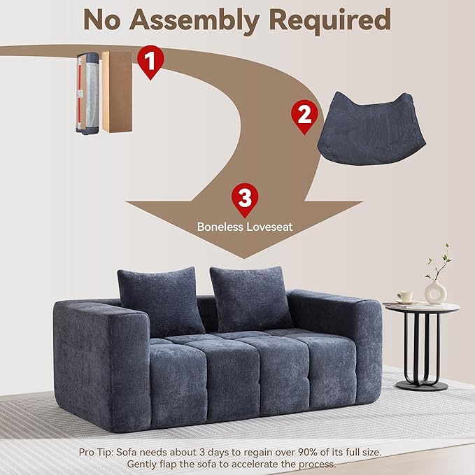 72" Loveseat Boneless Couch, Cloud Sectional Couch with Deep Seat, High-Density Memory Foam and Chaise, Love Seat Sofa, Boneless Couches for Living Room, No Assembly Required Tufted Sofa, Blue