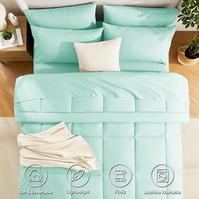 CozyLux Queen Comforter Set Mint Green, 7 Pieces Bed in a Bag, Green Comforters Queen Size, All Season Bedding Sets with Stitch Quilted Comforter, Flat Sheet, Fitted Sheet, Pillowcases