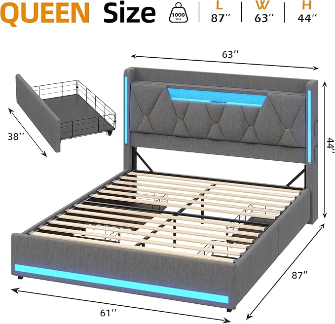 busyaeh Queen Size Bed Frame with 4 Drawers,Light up Bed Frame with Headboard and Storage, Metal Queen Platform Storage Queen Bed with Charging Station, No Box Springs Needed, Easy Assembly,Dark Gray