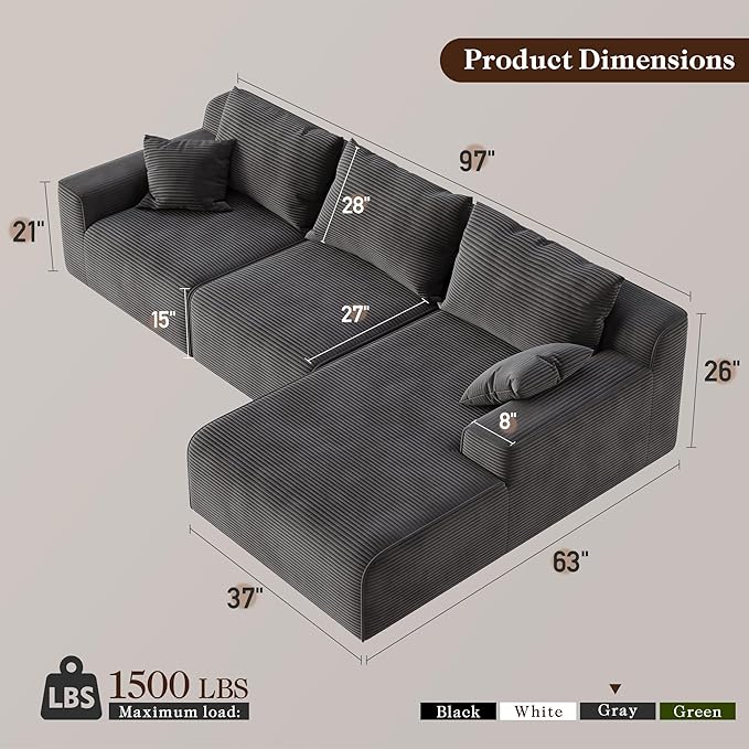 97" L-Shaped Boneless Modular Cloud Couch, Comfy Corduroy Sectional Sofa with Deep Seat and Right Facing Chaise, Flexible Module Combination for Living Room, No Assembly Required (Grey)