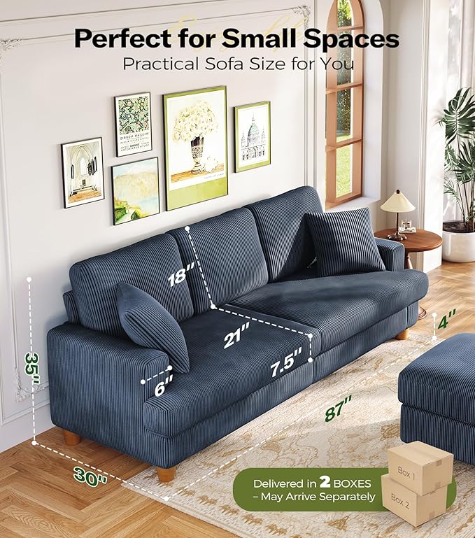 Kidirect 87in Corduroy Couch, Sofa No Tool Assembly, Comfy Couches for Living Room 21in Deeper Seats, Corduroy Sofas for Living Room with 2 Pillows, Oversized Loveseat Sofa, Boho Love Seat Blue Couch