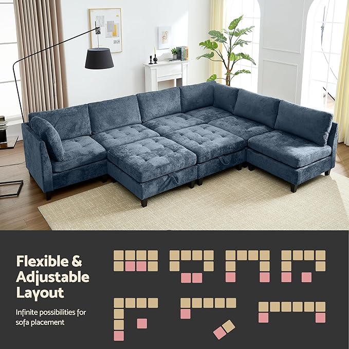 Luxe Oversized Modular Sectional Sofa, Modern Chenille Convertible Sleeper Sofa with Storage Ottoman, Comfy Deep Seat U-Shaped Cloud Couch for Living Room（Blue，6-Seater + 2 * Ottoman + Tea Tray）
