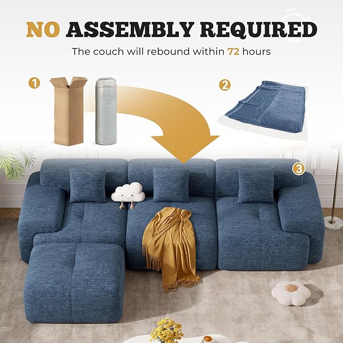 122" Modern Boneless Couches for Living Room, Convertible L Shaped Modular Sectional Sofa,4 Seater Cloud Couch Sofa Set, Blue 1 PCS