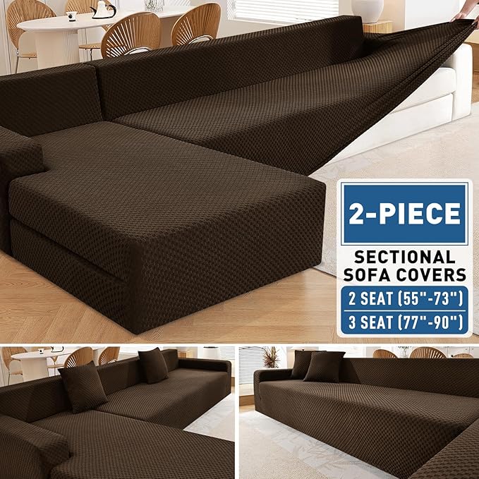 ZNSAYOTX Sectional Couch Covers, Stretch Jacquard Slipcovers with Elastic Bottom for L-Shape Sectional Sofa, 2 Pcs Pet Friendly Modular Sofa Protector (3 Seat Couch + 2 Seat Chaise, Dark Coffee)