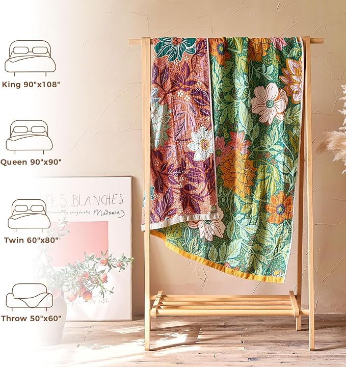 LUTBM Boho Throw Blanket for Bed Cotton Spring Blankets Bedroom Living Room Twin All Season Lightweight Floral Embroidery Quilt for Couch Sofa Chair 60"x80"