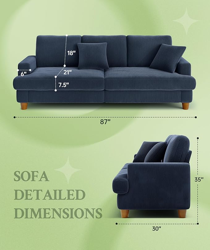 87.2" Couches for Living Room, Comfy Blue Couch 7.5" Extra Thick Cushion, Sofas for Living Room Tool-Free Setup, Loveseat Sofa 848lbs Support, Corduroy Couch for Bedroom, Apartment, Office