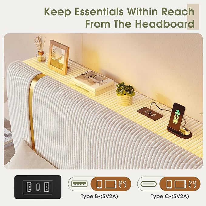 Homkdom Queen Bed Frame with 6 Storage Drawers, Upholstered Bed Frame Queen Size with Adjustable Headboard, LED Light & Charging Station, Heavy Duty Metal Support,Modern,Beige