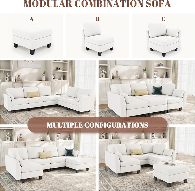Sectional Sleeper Sofa, 6 Seaters Modular Sleeper Sofa Couch, Comfy Sectionals Couches Bed, Convertible Sofas with Ottomans, Modular Sectional Couches for Living Room, White