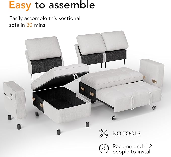 WEUP Modular Sectional Sleeper Sofa Bed, 81" L-Shaped Couch Bed with Adjustable Backrest, Pull Out Couch with Reversible Chaise Storage, USB Charging & Tool-Free Assembly, Chenille Beige | Breathable material, Tool-Free Assembly, Reclining Backrest
