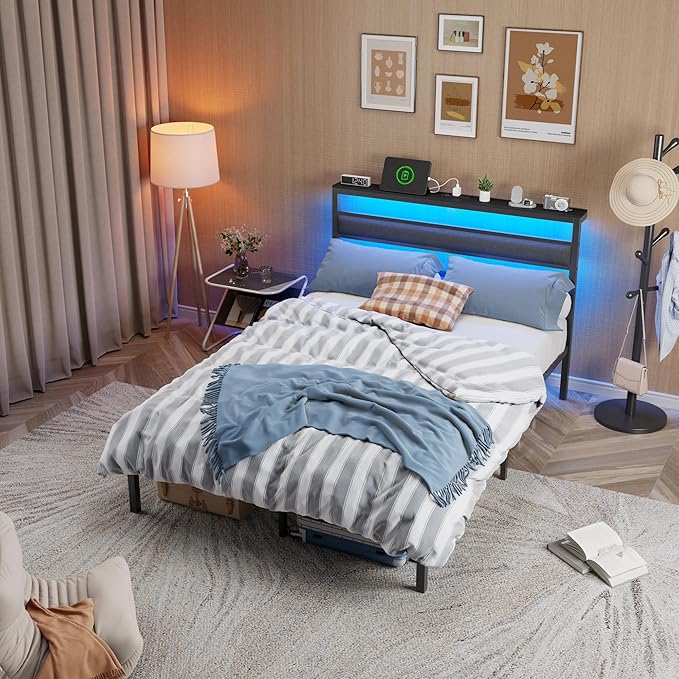 OURPIC Full Size Bed Frame, Bed Frame Full with LED Lights and Charging Station Headboard, Black Metal Platform Bedframe and Storage Shelf, No Box Spring Needed, Noise Free