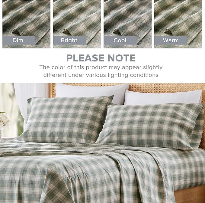 Comfort Spaces 100% Cotton Sheets Twin, Breathable, Naturally Cool Cotton Sheets, Soft Cotton Bed Sheets with 12" Elastic Pocket Fits up to 14" Mattress, All Seasons Sheet Set, Wesley Green 3 Piece