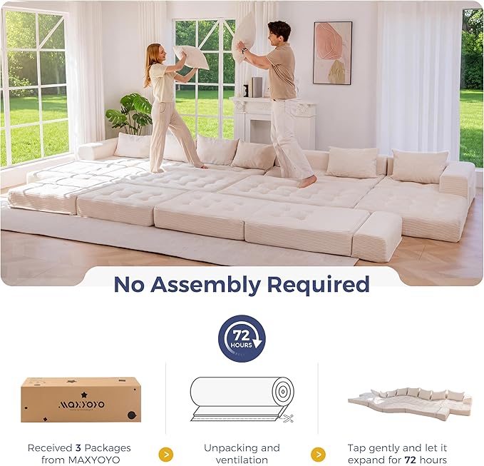 MAXYOYO Modular Sectional Sofa Couch, Foldable Oversized U Shaped Cloud Couch with Pillows, Tufted Boneless Sleeper Lounger Floor Sofa Bed for Living Room, No Assembly Required, Beige