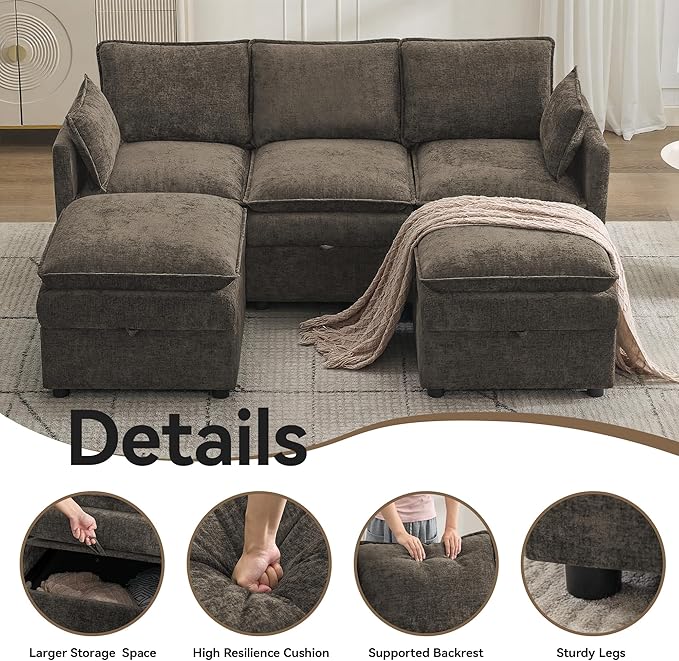 80" Cloud Modular 3 Seater Sofa with 2 Storage Ottoman, Modern Upholstered Storage Sofa Couch Deep Seat, U Shape Sectional Sofa Chenille Comfy Couch with Armrests for Living Room, Small Space, Brown | Modular Sofa, Storage Ottoman, Upholstered Sofa, Se...