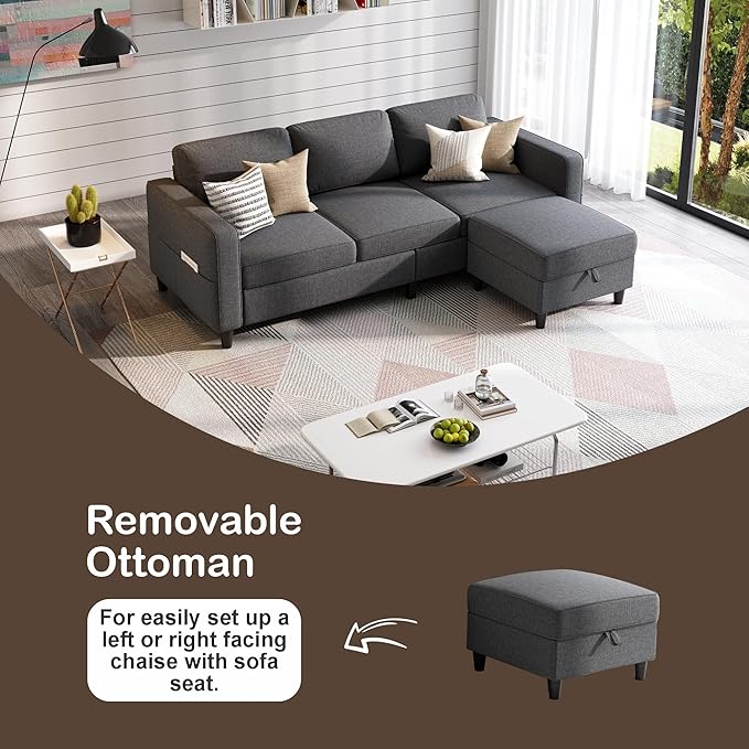 Sectional Sofas Couches for Living Room 78" L-Shaped Small Couch - Modern Linen Dark Grey Sofa with Storage Ottoman for Apartments, Studios Home Offices, Small Space