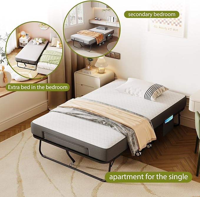 Folding Bed with Mattress for Adults, 75" x 45" XL Twin Rollaway Bed with Memory Foam Mattress, Portable Foldable Guest Bed with Metal Frame, Deluxe Extra Bed with Side Storage Pocket