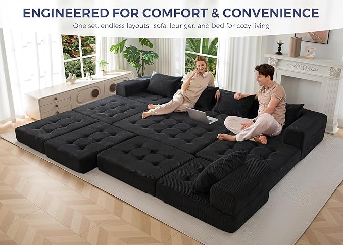 MAXYOYO Modular Sectional Sofa Couch, Foldable U Shaped Cloud Couch with Pillows, Tufted 6-Seat Boneless Sleeper Lounger Floor Sofa Bed for Living Room, No Assembly Required, Black