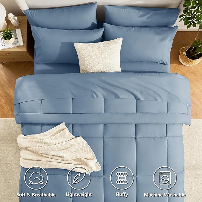 CozyLux Queen Comforter Set Dusty Blue, 7 Pieces Bed in a Bag, Grayish Blue Comforters Queen Size, All Season Bedding Sets with Stitch Quilted Comforter, Flat Sheet, Fitted Sheet, Pillowcases