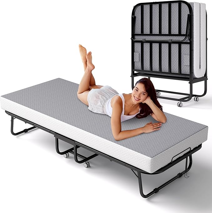Decofy Folding Bed with Memory Foam Mattress, Portable Rollaway Guest Beds on Wheels, 75"x31" Twin Size Space-Saving Cot-Size Bed for Adults with Easy Assembly Metal Frame (Grey)