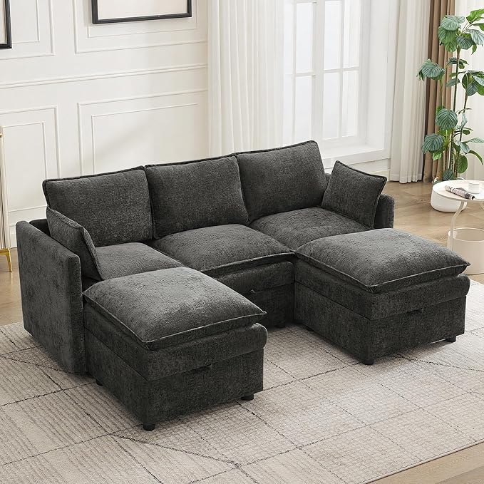 80" Cloud Modular 3 Seater Sofa with 2 Storage Ottoman, Modern Storage Sofa Couch Deep Seat, U Shape Sectional Sofa Chenille Comfy Couch with Armrests for Living Room, Small Space, Dark Grey | Modular Sofa, Storage Ottoman, Upholstered Sofa, Sectional ...