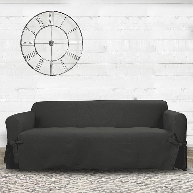 SureFit Farmhouse Basketweave Faux Linen Sofa Slipcovers, Couch Cover One Piece Design and Straight Skirt, Removable and Machine Washable Sofa Cover, Charcoal