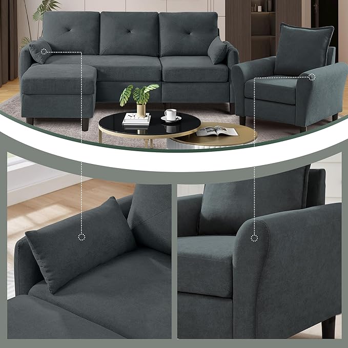 Convertible Sectional Sofa, 77" Small L Shaped 3 Seat Couch with Reversible Storage Chaise, and Accent Chair Set Modern Polyester Fabric Sofa Couches for Living Room, Apartment, Dark Grey